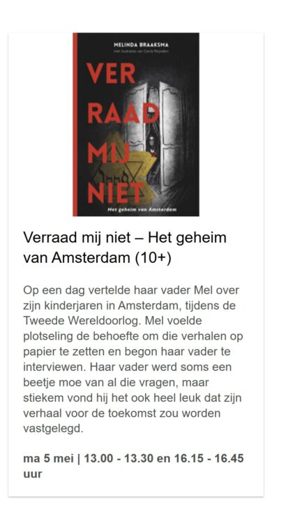 Mel leest uit Verraad Mij Niet in de bilbliotheek aan het Neude in Utrecht